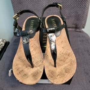 Ralph Lauren Retta black patent leather thong wedge sandal 6B (37) fits a 6.5